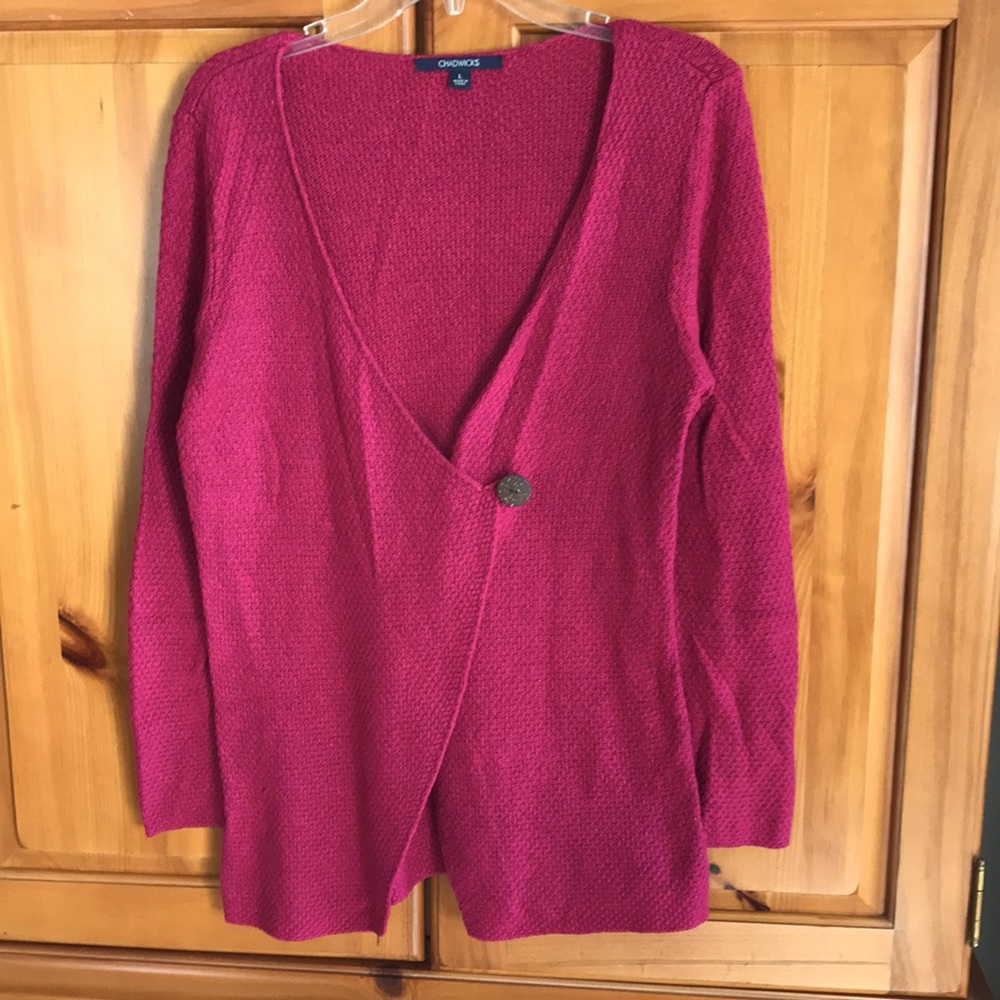 Chadwicks sweater, dark pink, size large. Asymmetrical, single button closure.